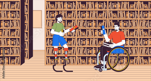Disabled friends going to library cartoon flat illustration. Woman with prosthetic legs and wheelchaired man 2D line characters colorful background. Inclusion scene vector storytelling image