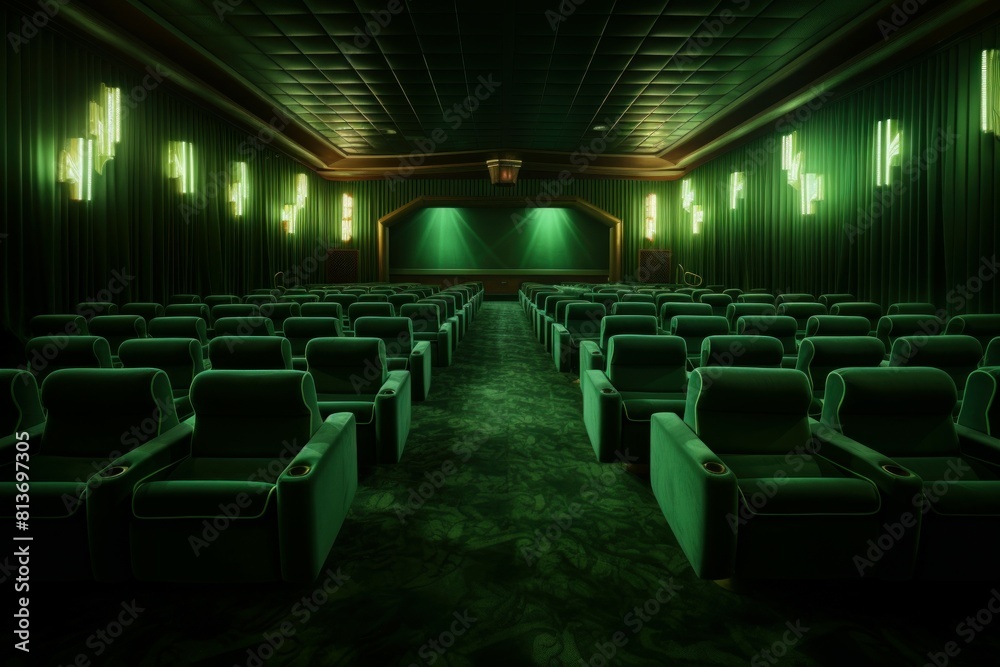 Empty vintage cinema interior with rows of green seats and ambient lighting