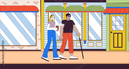 Diverse friends on walk in city cartoon flat illustration. Arab man with blindness and european female on street 2D line characters colorful background. Inclusion scene vector storytelling image