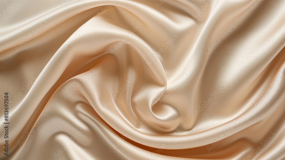 Close-up of rippled beige silk fabric with soft folds. Close-up of rippled beige silk fabric with soft folds.
