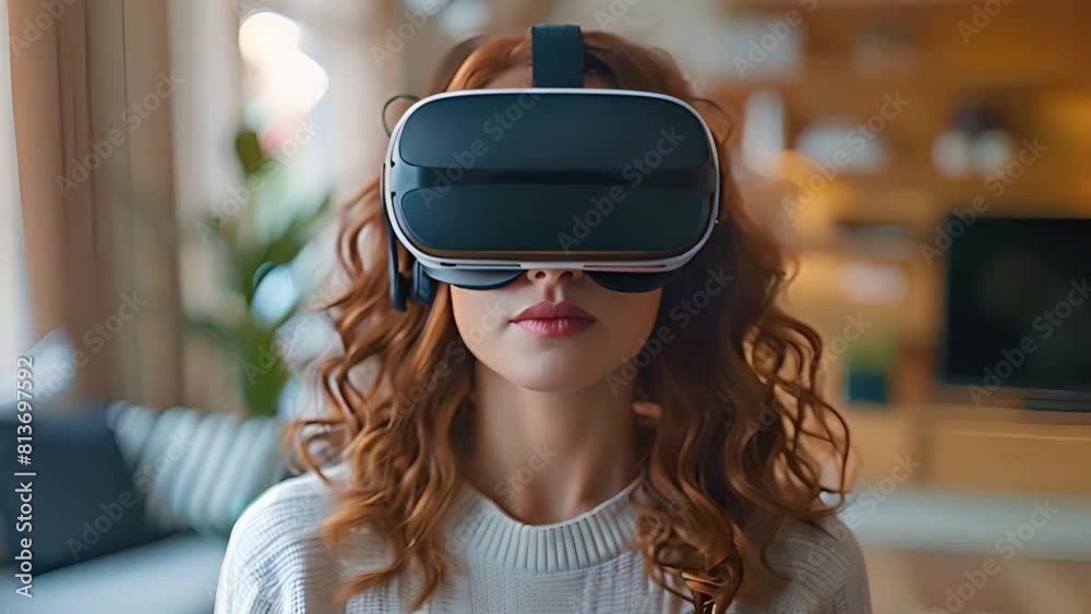 This Woman using virtual reality headset in modern living room. Woman Wearing Virtual Reality Headset in Living Room