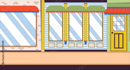 City street with store cartoon flat illustration. Buildings facades. Empty main street of small town 2D line cityscape colorful background. Storefront windows scene vector storytelling image