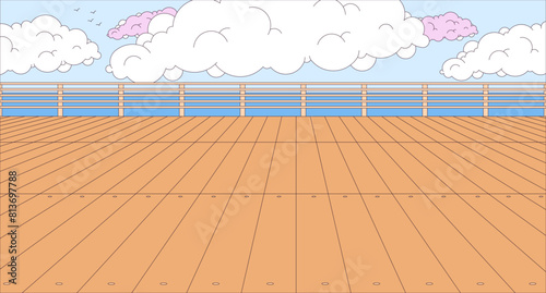 Empty wooden pier cartoon flat illustration. Place to rest. City embankment with spacious ground 2D line landscape colorful background. Waterfront on sea coast scene vector storytelling image