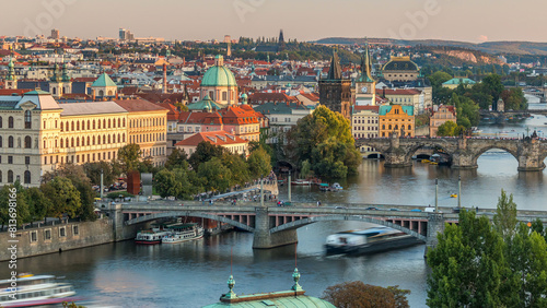 Photography Aerial sunset view of the Vltava River and bridges evening timelapse, Prague