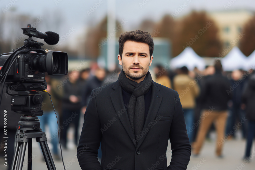 Professional reporter journalist in front of camera making breaking news reportage Generative AI picture Professional reporter journalist in front of camera making breaking news reportage Generative AI picture