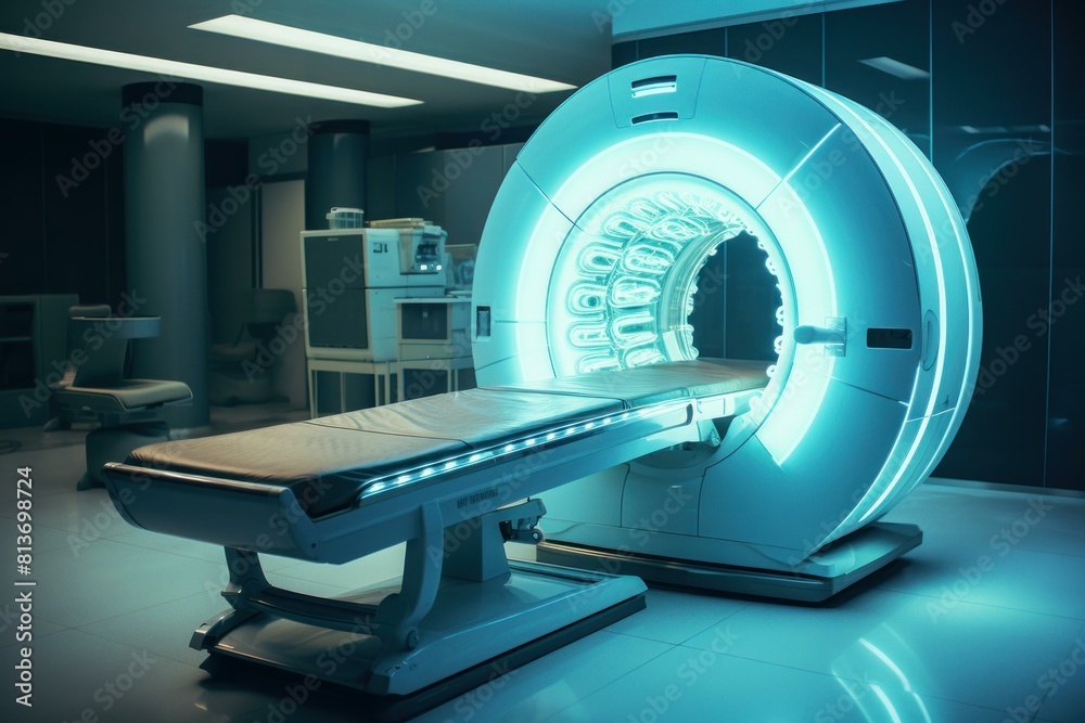 High-tech mri scanner in a contemporary hospital setting with blue lighting High-tech mri scanner in a contemporary hospital setting with blue lighting
