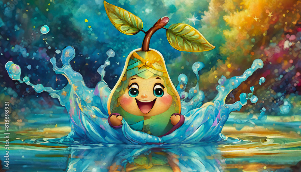 oil painting style Cartoon character yellow pear in water splash water, 