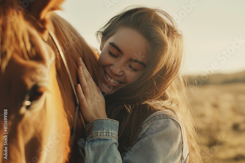 Farm Life. A woman with long brown hair is happily hugging a horse in a beautiful field. Generative AI
