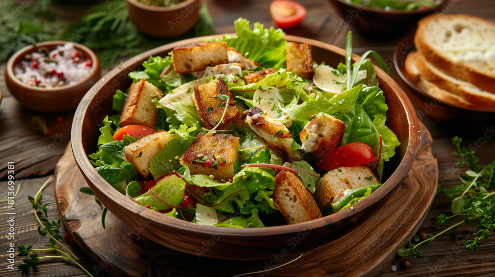This appetizing image features a fresh Caesar salad with crisp vegetables, grilled croutons, cherry tomatoes, and a sprinkle of fresh herbs, served in a rustic bowl on a wooden table. This appetizing image features a fresh Caesar salad with crisp vegetables, grilled croutons, cherry tomatoes, and a sprinkle of fresh herbs, served in a rustic bowl on a wooden table.