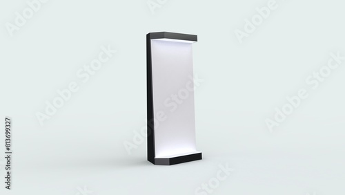Black exhibition stand with spots and lights empty blank for presentation and advertising usage isolated on solid color perspective left view 3d rendering image