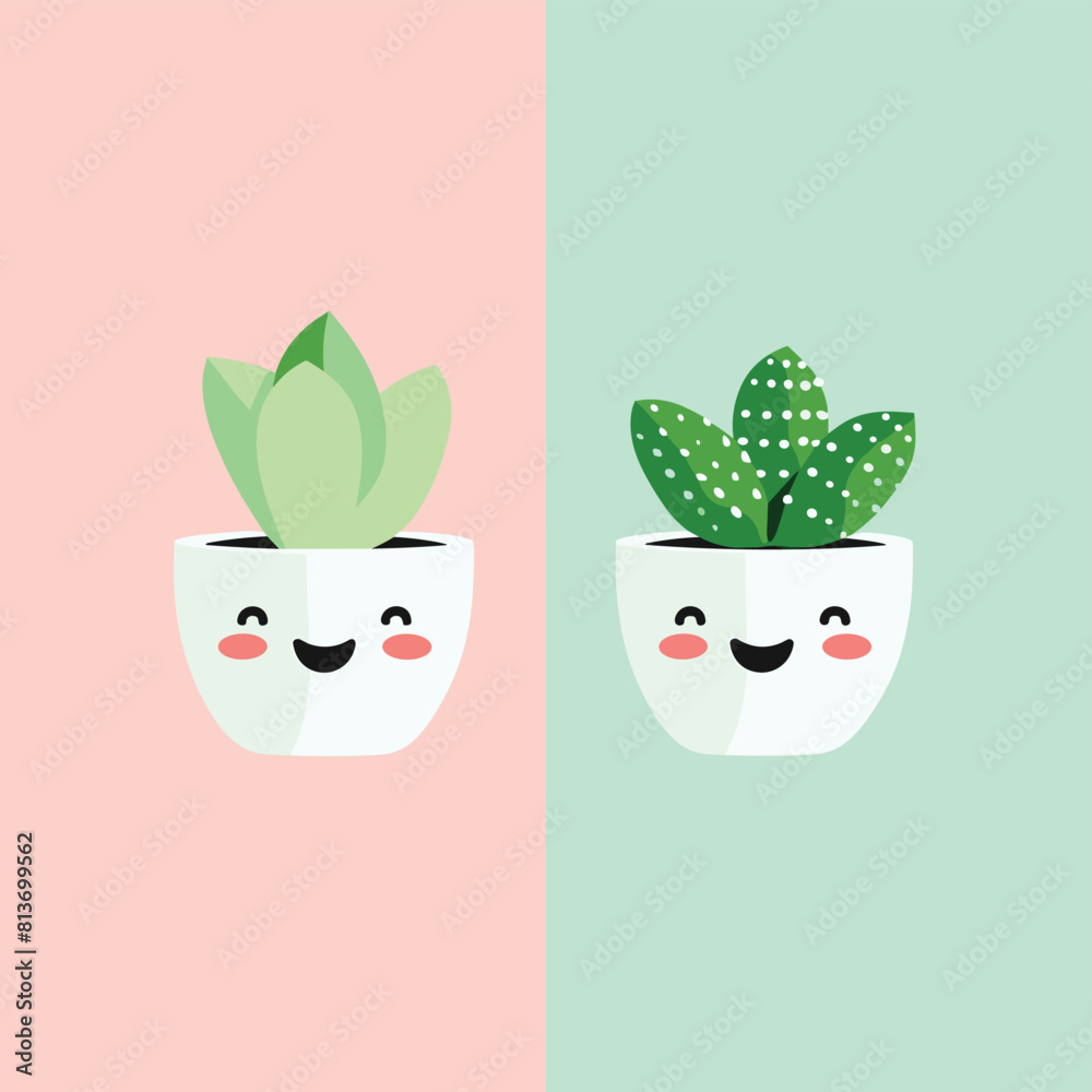 Two cute smiling house plant characters in a pot vector illustration Two cute smiling house plant characters in a pot vector illustration