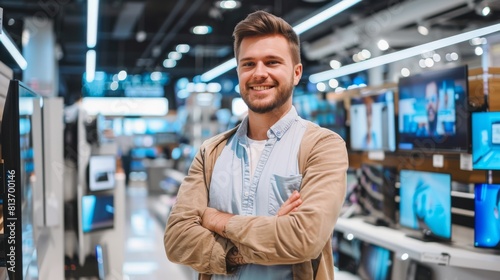 An expert consultant smiling and holding a camera in a bright, modern electronics store full of the latest models of TVs, cameras, tablets, and other devices.