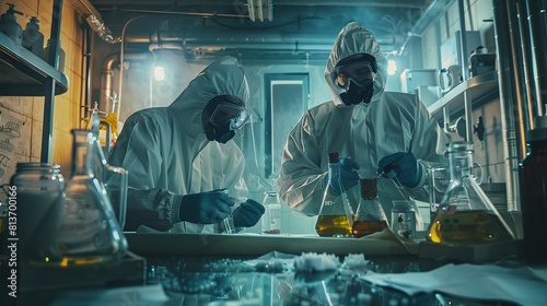 There are two clandestine chemists in the underground laboratory who prepare drugs, wear masks, coveralls, and work with toxic chemicals.