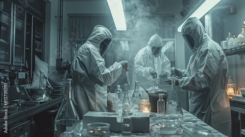 A clandestine laboratory in which clandestine chemists in protective coveralls package and distribute freshly brewed batches of drugs. They cook drugs with special lab equipment in the laboratory and photo