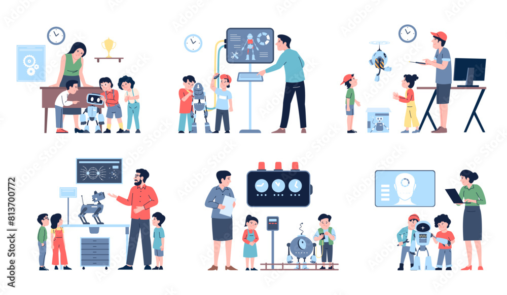 Robotics lesson and offline courses for children. Teachers and students developing and programming robots, cyborgs, androids, recent vector scenes Robotics lesson and offline courses for children. Teachers and students developing and programming robots, cyborgs, androids, recent vector scenes