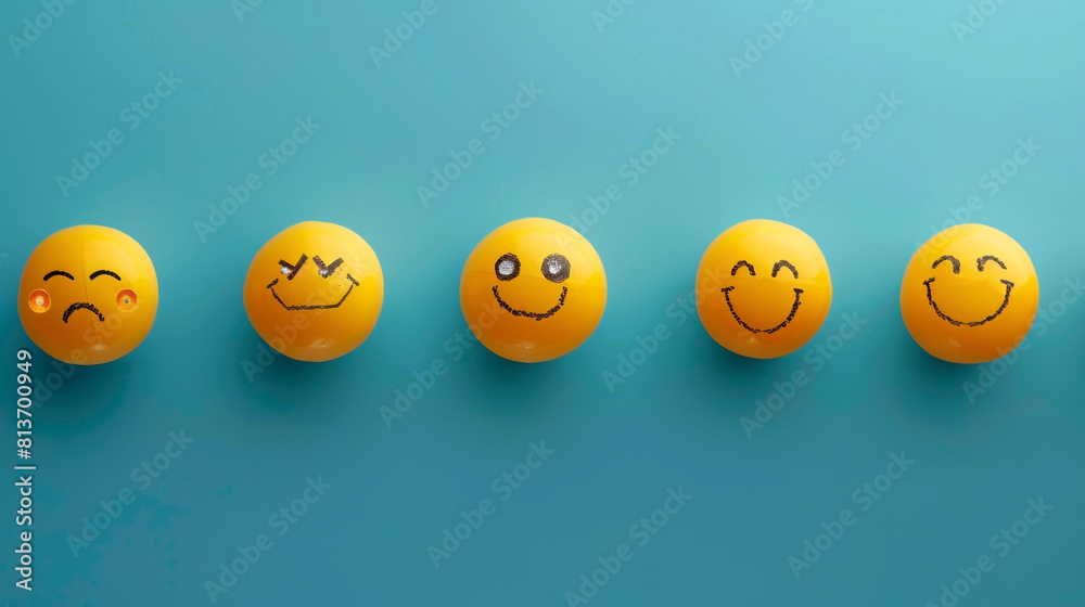 Yellow Emoji Balls in state line Top View With Drawn Faces with different face Yellow Emoji Balls in state line Top View With Drawn Faces with different face