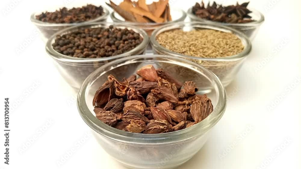Focusing in a bowl of Big cardamom or black cardamom with assortment of aromatic spices and herbs in glass bowls in the background, close up, front view Focusing in a bowl of Big cardamom or black cardamom with assortment of aromatic spices and herbs in glass bowls in the background, close up, front view