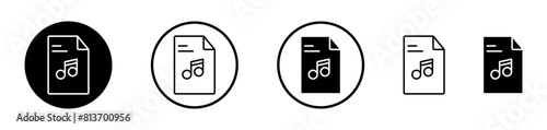 Music file icon set. Vector symbols for music audio files, MP3 downloads, and song pictograms.