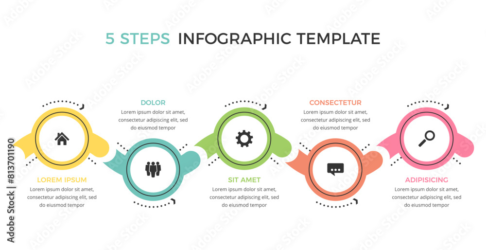 Row of five connected circles with icons and place for text, flat business infographic template, vector eps10 illustration Row of five connected circles with icons and place for text, flat business infographic template, vector eps10 illustration