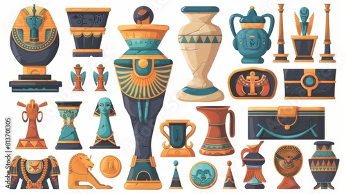 A collection of ancient Egyptian cartoon symbols on a white background, including a table with a sacrificial vase and treasure, as well as gold coins. photo