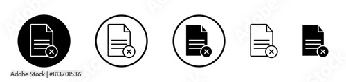Delete Document icon set. Remove or cancel invalid computer file vector symbol. Reject or decline form paper. Contract denied pictogram. photo