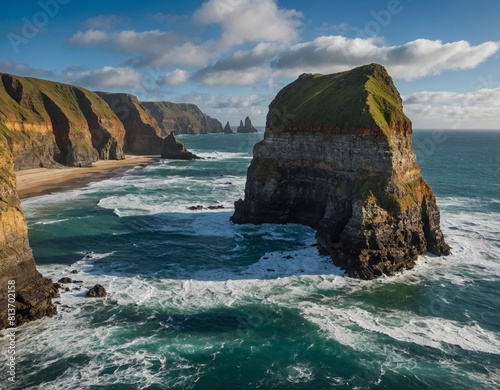 A rugged coastline sculpted by millennia of erosion, with towering sea stacks rising from the churning waters below. photo