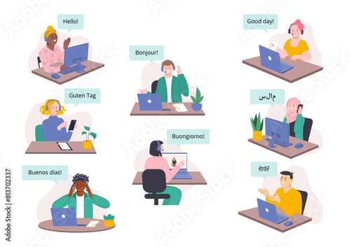 Hotline service. Call center workers welcoming clients. Office characters using smartphones and computers. Customer support splendid vector set