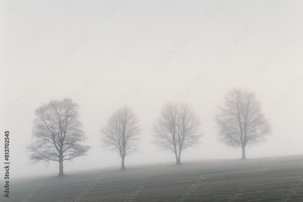A minimalist landscape photograph capturing the layered patterns of trees receding into the distance on a foggy morning, with their soft silhouettes and muted tones. A minimalist landscape photograph capturing the layered patterns of trees receding into the distance on a foggy morning, with their soft silhouettes and muted tones.
