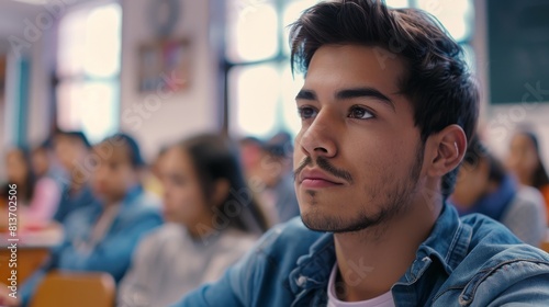 Stunning and smart Hispanic man listens to a lecture in a classroom full of multi-ethnic students. Shallow depth of field.