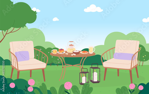 Cozy seasonal teatime in garden. Summer breakfast on nature, tea, pancakes and toast with jam. Cozy spring time eating, vector cartoon scene