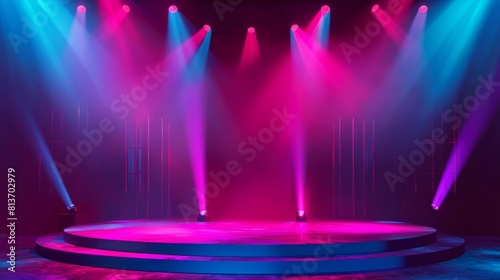 Realistic 3d modern illustration of podium with spotlight illumination, empty round stage for award ceremony, product presentation platform, fashion show pedestal, and dance floor in a nightclub.