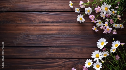 dark wooden background with summer flowers and copy space