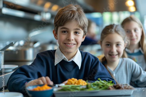 Group of happy school children with healthy food in the cafeteria