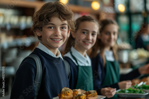 Group of happy school children with healthy food in the cafeteria
