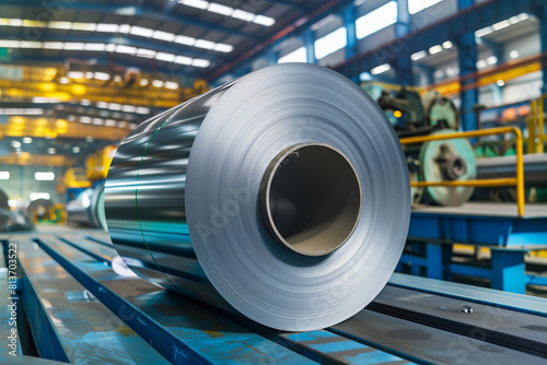 Giant Roll of Aluminum on Industrial Conveyor. A large roll of aluminum sheeting on a conveyor belt in a factory.