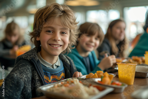 Lunch time for a group of happy school kids photo