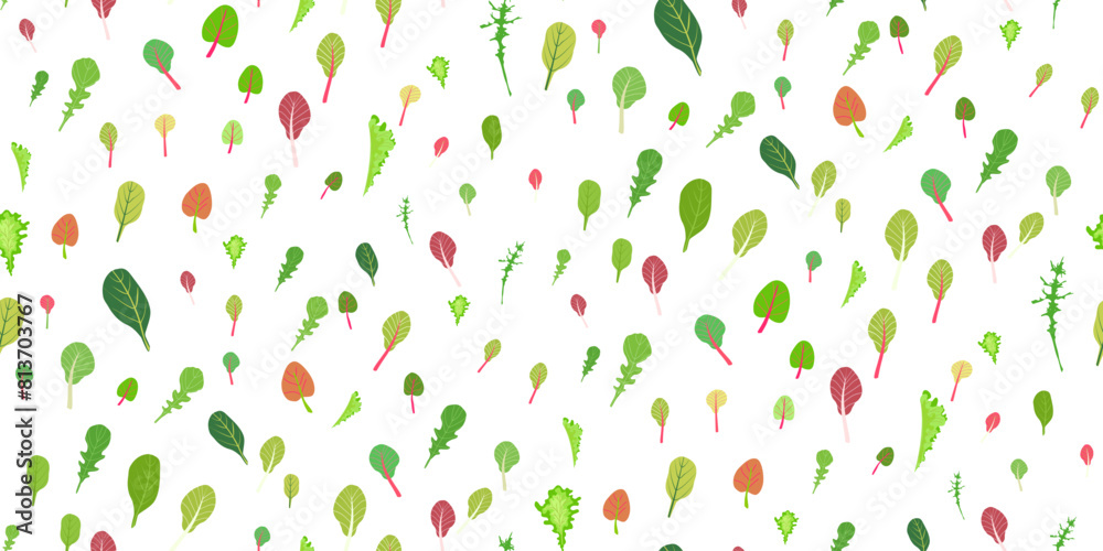 Mix of salad leaves. Cartoon set of green red raw leaves seamless pattern. Arugula, spinach, lettuce leaf, watercress. Organic vitamin ingredients for cooking healthy food. Vector illustration
