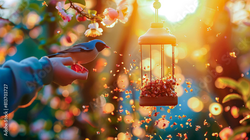 Bird on a hand near a bird feeder at sunset photo