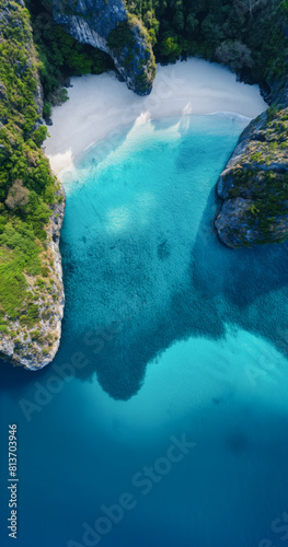 aerial photography Sandy beach  quiet coastal bay With turquoise sea water as clear as crystal. and pristine sandy beaches Images are generated by AI