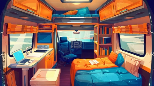 Detailed interior of a motor home room, with loft bed, couch, dishwasher, desk with laptop, bookshelf, and window. Cartoon illustration of a motor home room with loft bed, couch, sink, desk with