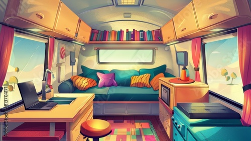 Detailed interior of a camping trailer car with loft bed, couch, kitchen sink, desk with laptop, bookshelf, and window. Rv motor home room inside view, cozy sleeping and living area. Animation modern
