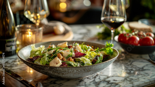 An inviting gourmet Caesar salad with fresh greens  nuts  and cheese  served in a stylish restaurant setting. Perfect for a healthy meal  accompanied by wine
