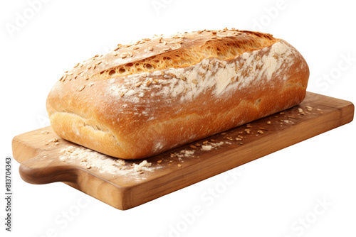 A loaf of bread with a wooden board underneath it. The bread is covered in flour and has a crusty exterior