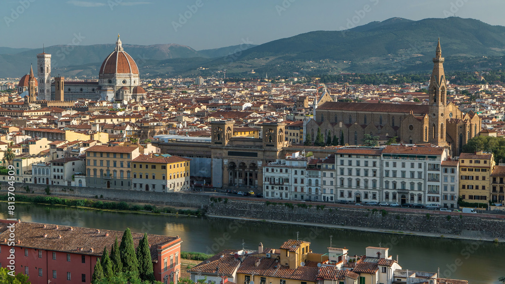 Fototapeta premium Florence aerial cityscape view timelapse from Michelangelo square on the old town with Santa Croce church in Italy
