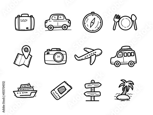 Set of travel doodle illustration on white background. Hand-drawn travel elements vector collection