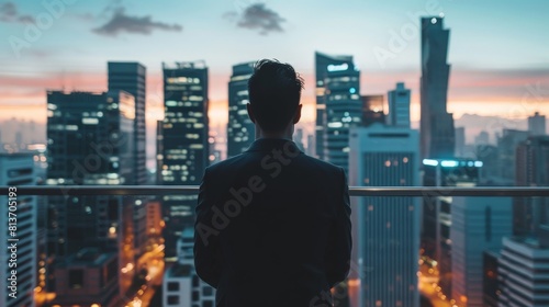 A man in a suit is standing on a balcony overlooking a city at night