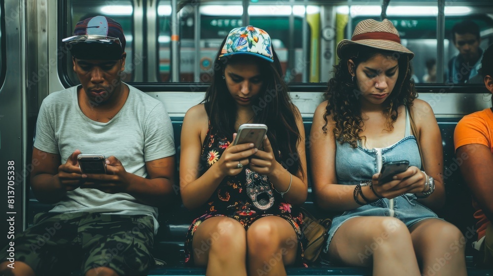 Photo of peoples sitting in subway and smartphone, Smartphone addiction