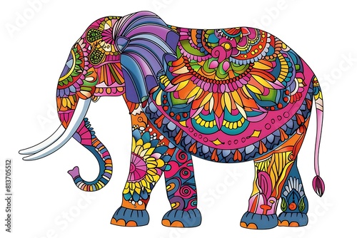 painted elephant in colorful patterns in traditional indian style, ornate animal wallpaper, ornament picture
