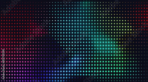 The led wall video screen has a green, blue, and red dot pattern on a black background. The background for the display has a grid pattern of pixels with a mesh of LEDs in it. photo