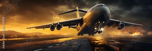 A massive cargo plane taking off from a runway photo